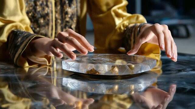 Anonymous artist's hands touching sample with blurred figure and crystal clear aged golden metal surface visible, with copy space