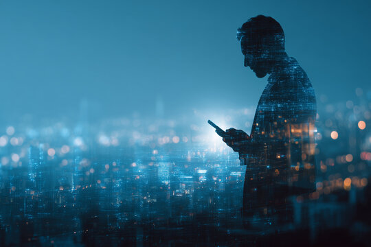 Big data, digital technology, internet network connection, futristic technology background. Man using mibile phobe and laptop and smart city - Powered by Adobe