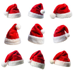 Collage with Santa Claus hats set, closeup objects. Isolated on transparent background. Christmas and New Year celebration