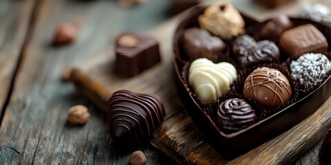Assorted luxury chocolate pralines in heart-shaped box on rustic wooden background, perfect for Valentine's Day gift or romantic celebration.