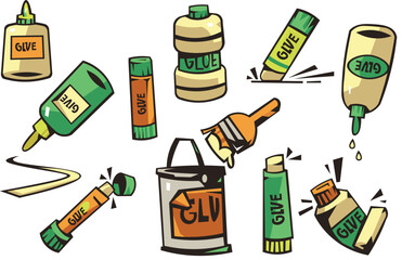 Glue Bottles and Adhesive Tools Illustration Set &ndash; Cartoon Craft Supplies