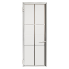 White door with a silver handle and a black lock