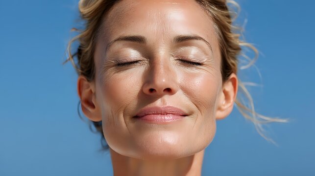 Caucasian woman with closed eyes enjoying sunlight against blue sky background, expressing serenity and mindfulness for wellness and skincare concepts.