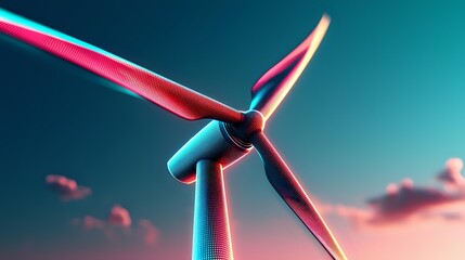 Vibrant wind turbine with pink and blue neon glow against gradient teal sky at sunset, representing renewable energy technology.