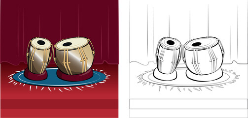 Tabla Musical Instrument Illustration Set – Colored and Line Art