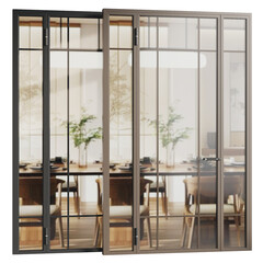 Large glass door with a reflection of a dining table and chairs