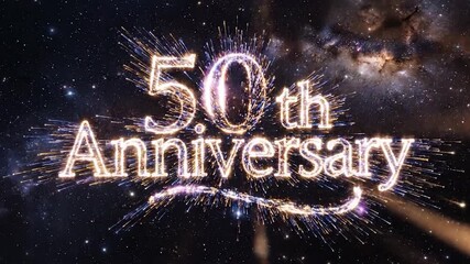 50th Anniversary Celebration in Space with Glowing Particles and Light Rays.