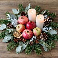 Christmas centerpiece bouquet with pomegranates, star anise, dried apples, eucalyptus, and pinecones, styled on a wooden table with candlelight, white, silver, and green tones