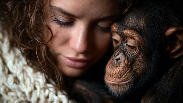 An endearing close-up portrait of a woman and a baby chimpanzee, showcasing their bond and emotional connection in an intimate yet heartwarming moment.