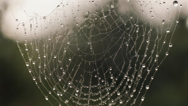 A delicate spiderweb adorned with numerous glistening water droplets, blurred backdrop