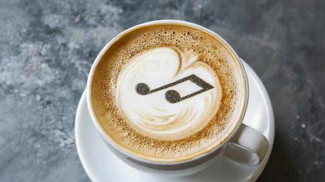 White ceramic coffee cup with latte art featuring a dark musical eighth note on a saucer