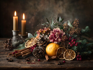 Warm rustic holiday arrangement of cinnamon, star anise, dried orange slices, cloves, pinecones, and evergreen branches, styled for a festive winter aesthetic.