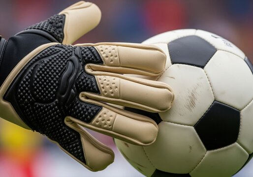 Goalkeeper's gloved hand holds soccer ball during a sports match
