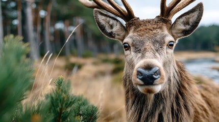 Fototapeta premium A close-up of a majestic deer standing amidst natural surroundings caught in a moment of curiosity, highlighting the beauty of wildlife in their habitat.