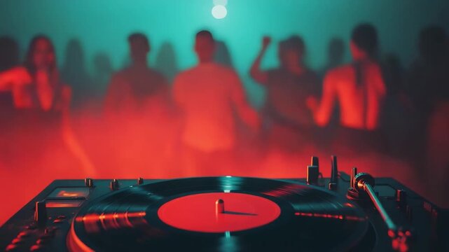 Close up of a spinning vinyl record on a turntable with a blurred crowd dancing in red and cyan light