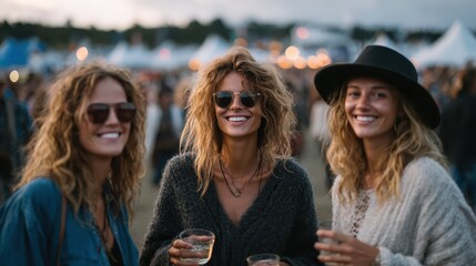 A trio of joyful friends with sunglasses and casual clothing smile while holding drinks at an outdoor festival, capturing the bliss of friendship and shared experiences in a lively setting.