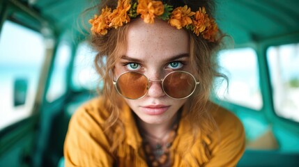 A young woman wearing a floral crown and stylish sunglasses exudes a vibrant summer vibe, capturing the essence of youth, joy, and carefree beauty against a vivid background.