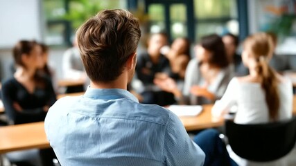 Anonymous trainer's back with blurred figure and crystal clear students seated in classroom during seminar visible, with copy space - Powered by Adobe