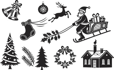 Vector cartoon illustration of a woman drawing a set of Christmas icons