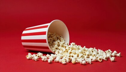 Spilled popcorn from a striped container on a vibrant red background, creating a playful and inviting atmosphere for movie night or snack time enjoyment