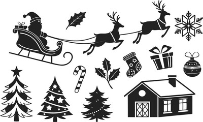 Santa Claus, sleigh, and reindeer vector icons for a merry Christmas winter holiday card design