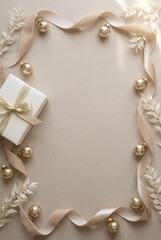 Christmas or New Year frame decorations gold colors on beige background with empty copy space for text. holiday and celebration concept for postcard or invitation. top view . Aesthetic minimalist 