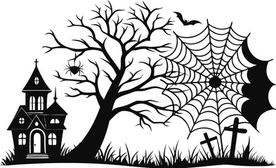 Spooky black vector illustration of a scary Halloween tree silhouette in a forest background