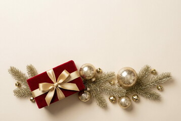 Christmas or New Year fir garland decorations gold red colors on beige background empty copy space for text. holiday and celebration concept for postcard or invitation. top view.Aesthetic minimalist 