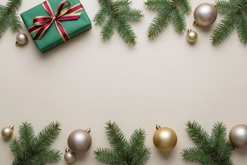 Christmas or New Year fir frame decorations gold colors on beige background with empty copy space for text. holiday and celebration concept for postcard or invitation. top view . Aesthetic minimalist 