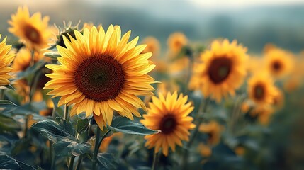 Fototapeta premium Vibrant sunflowers in field at golden hour, with bright yellow petals and dark centers against blurred background, creating dreamy summer atmosphere.