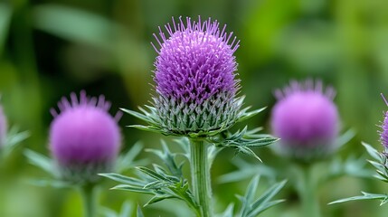 Fototapeta premium Vibrant purple thistle flower in bloom with spiky petals and green leaves, showcasing natural beauty in a garden setting against blurred background.