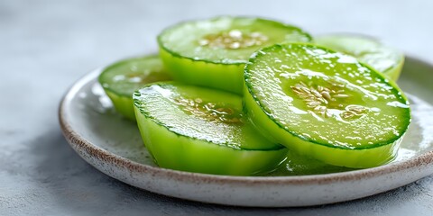 Fresh cucumber slices with seeds on white ceramic plate, healthy vegetable appetizer for salads, sandwiches, and garnishes.