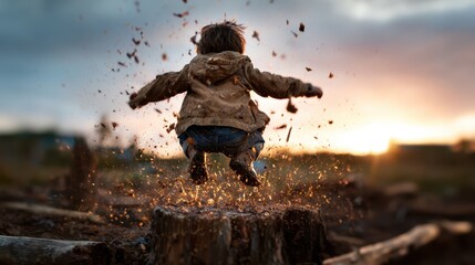 A joyful child leaps into a muddy puddle at sunset, splashing water and dirt around, encapsulating the pure essence of childhood exuberance and carefree playfulness.