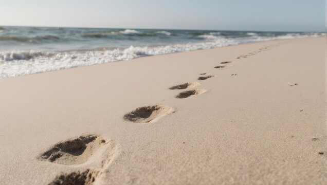 Footprints lead along a sandy beach, toward the ocean with gentle waves