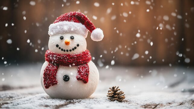 Miniature snowman figure with red cap standing on wooden surface near pinecone under heavy falling snow. - Powered by Adobe