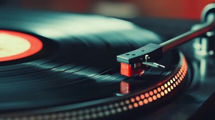 Close up of a spinning vinyl record on a turntable with the needle poised on the black grooved surface - Powered by Adobe