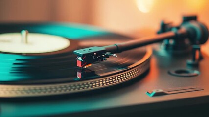 Close up shot of a spinning vinyl record on a turntable with a stylus tracking the groove - Powered by Adobe
