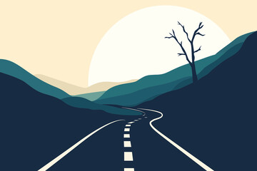 Tree, Stone, Rocks, Mountain Peak, Road, Moon, Sky, Sunset, Success, Business, Mountain, Road, Mindset, Artwork, Vector