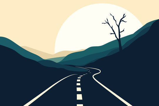 Tree, Stone, Rocks, Mountain Peak, Road, Moon, Sky, Sunset, Success, Business, Mountain, Road, Mindset, Artwork, Vector