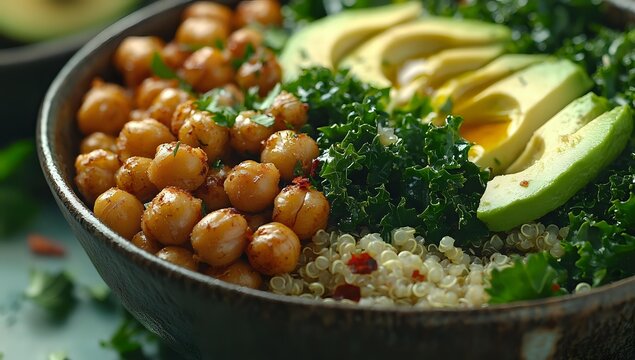 Nutritious plant-based bowl with roasted chickpeas, quinoa, fresh avocado slices, and kale for healthy meal prep or vegan dining. - Powered by Adobe