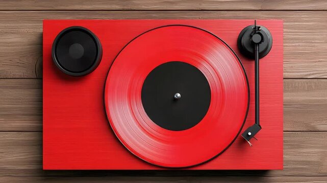 Overhead view of a bright red portable record player with a vibrant red vinyl disc set on a brown wooden surface