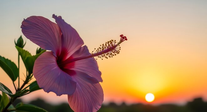 Close up of a pink hibiscus flower silhouetted against a vibrant sunset