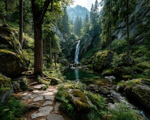 Tranquil forest scene with waterfall and pathway.