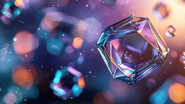 Abstract image featuring multiple geometric crystal shapes floating in a blurred space with bokeh lights, creating a dreamy and futuristic atmosphere. - Powered by Adobe