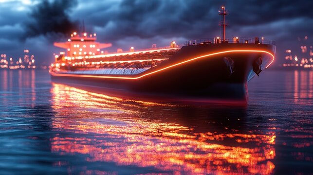 Oil tanker with glowing lines navigating calm waters at dusk creating a mesmerizing reflection against a stormy sky