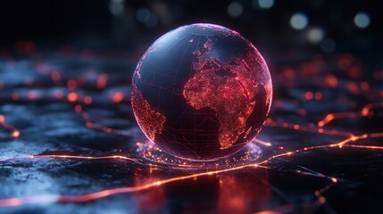 Digital globe showing oil spill with glowing network lines highlighting environmental impact and global awareness in a modern and interconnected world