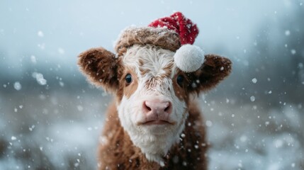 A charming calf adorned with a Santa hat brings festive cheer to a snowy landscape, capturing the innocence and joy of the holiday season in a whimsical rural setting.