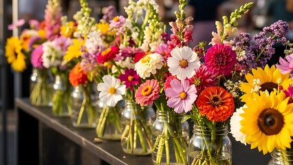 Fototapeta premium Colorful flower arrangements in jars on display at a market 