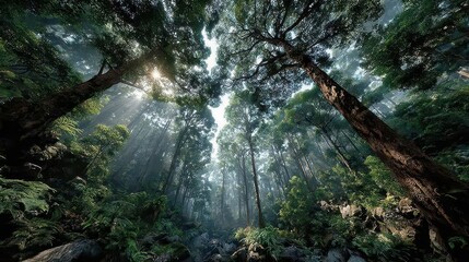 Fototapeta premium Sunlight filters through a dense forest canopy.