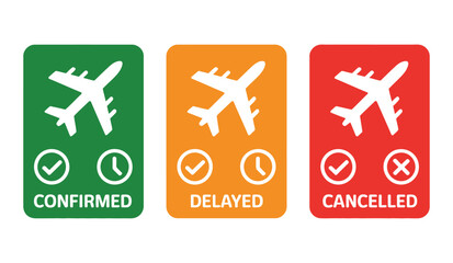 Fototapeta premium Three flight status icons confirmed delayed and cancelled planes